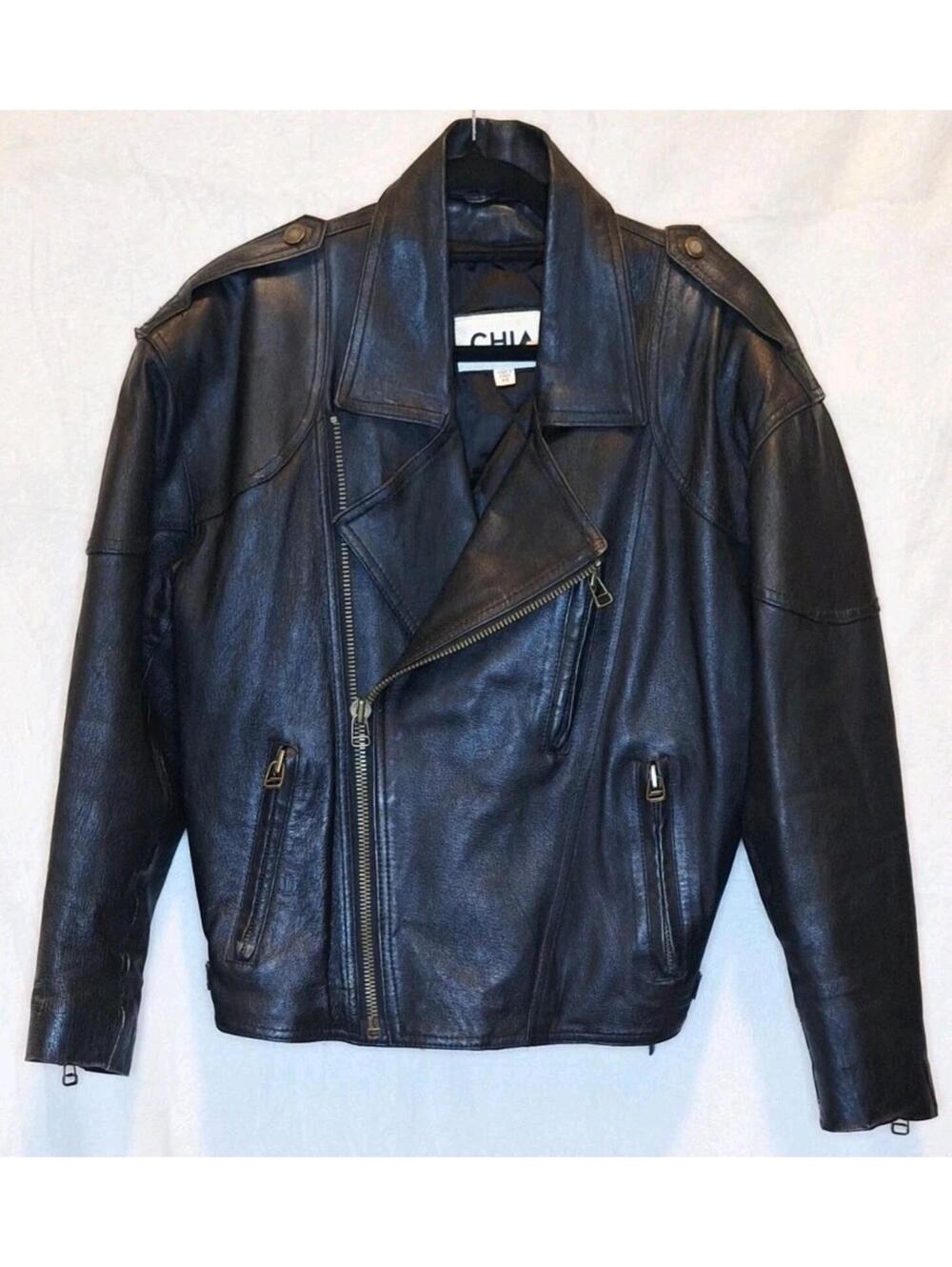Chia Black Leather VTG Motorcycle Jacket Mens XS Biker Rocker Heavy Punk Korea